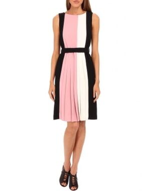 Kate Spade NY Colorblock Pleated Belted Dress 6 Pink White Black